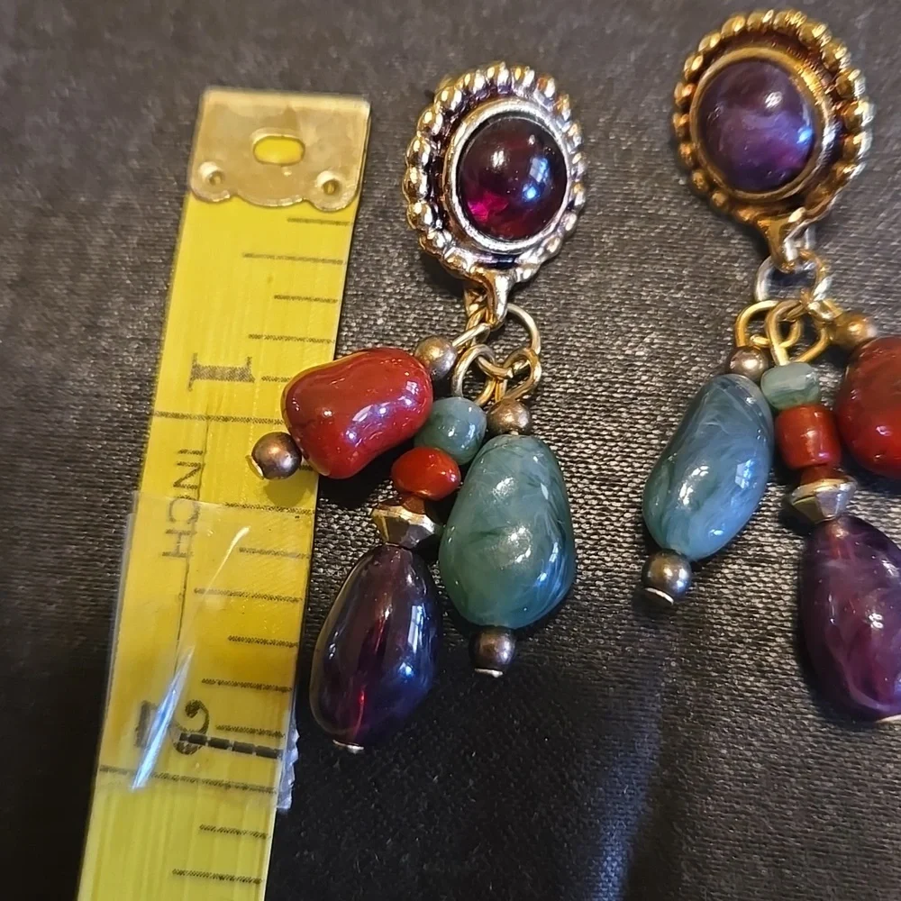 Dangle Earrings with Red,Purple, And Teal Gemstone Like Beads